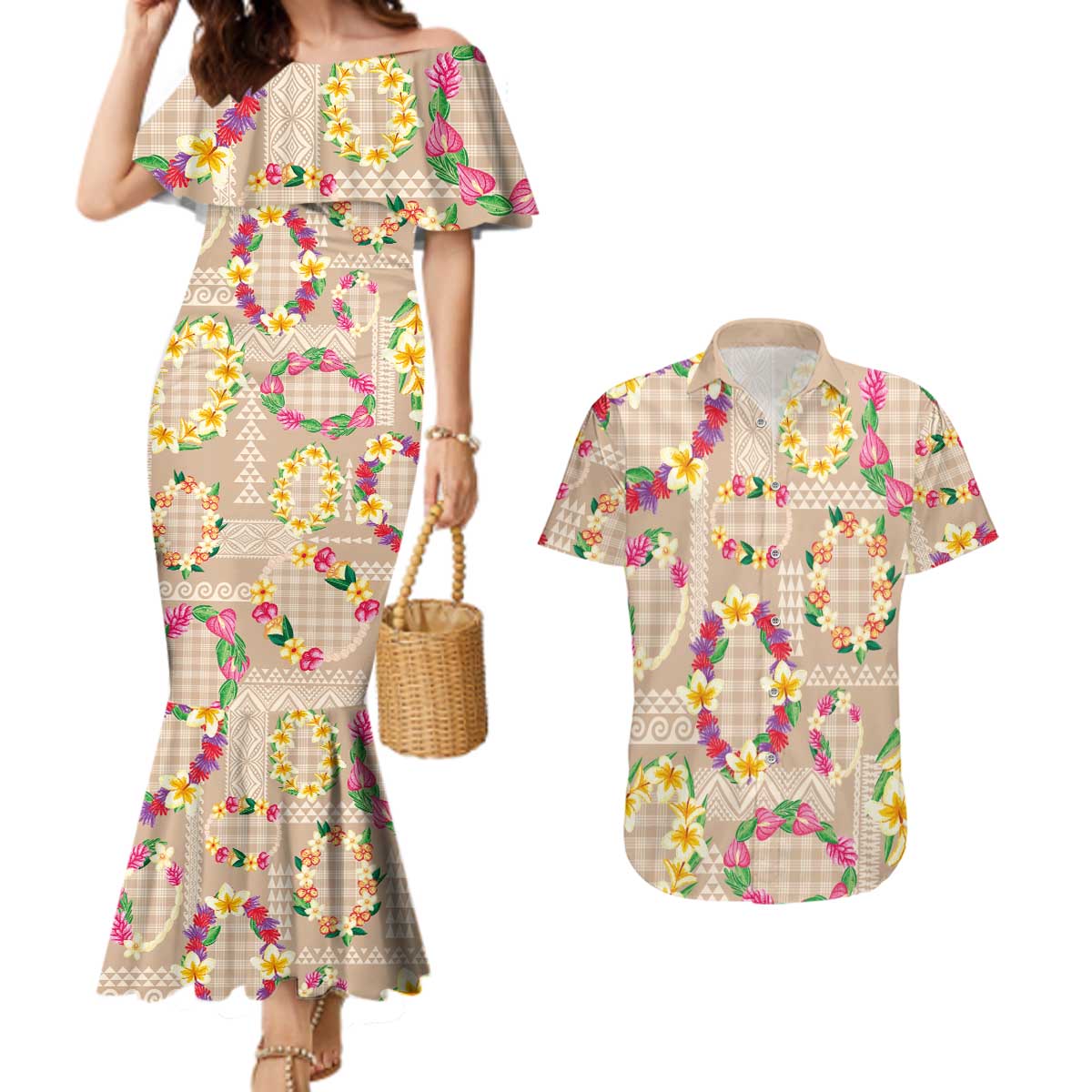 Hawaiian Kakau Tattoo Leis and Palaka Pattern Couples Matching Mermaid Dress and Hawaiian Shirt Traditional Aloha Tribal Beige Color LT03 Beige - Polynesian Pride
