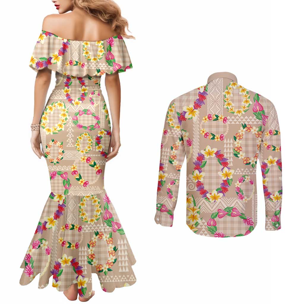 Hawaiian Kakau Tattoo Leis and Palaka Pattern Couples Matching Mermaid Dress and Long Sleeve Button Shirt Traditional Aloha Tribal Beige Color
