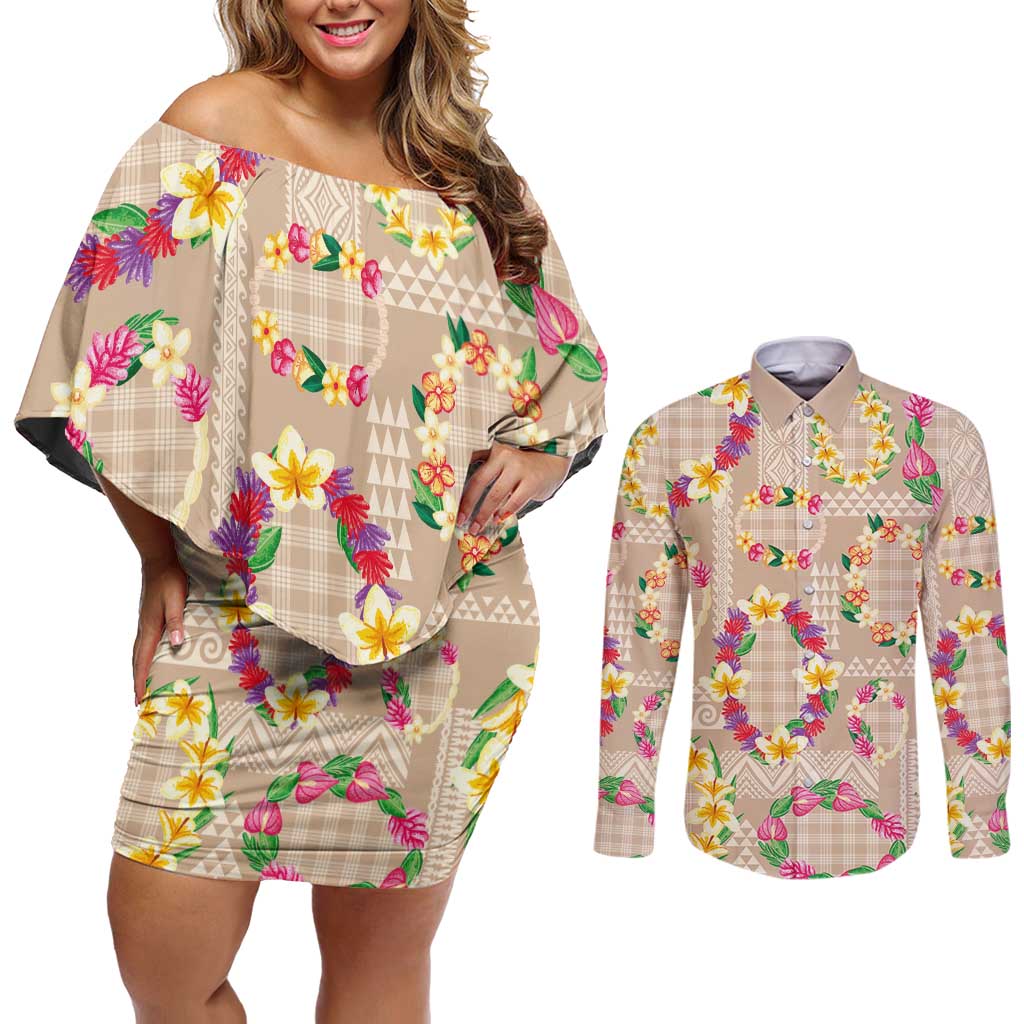 Hawaiian Kakau Tattoo Leis and Palaka Pattern Couples Matching Off Shoulder Short Dress and Long Sleeve Button Shirt Traditional Aloha Tribal Beige Color LT03 Beige - Polynesian Pride