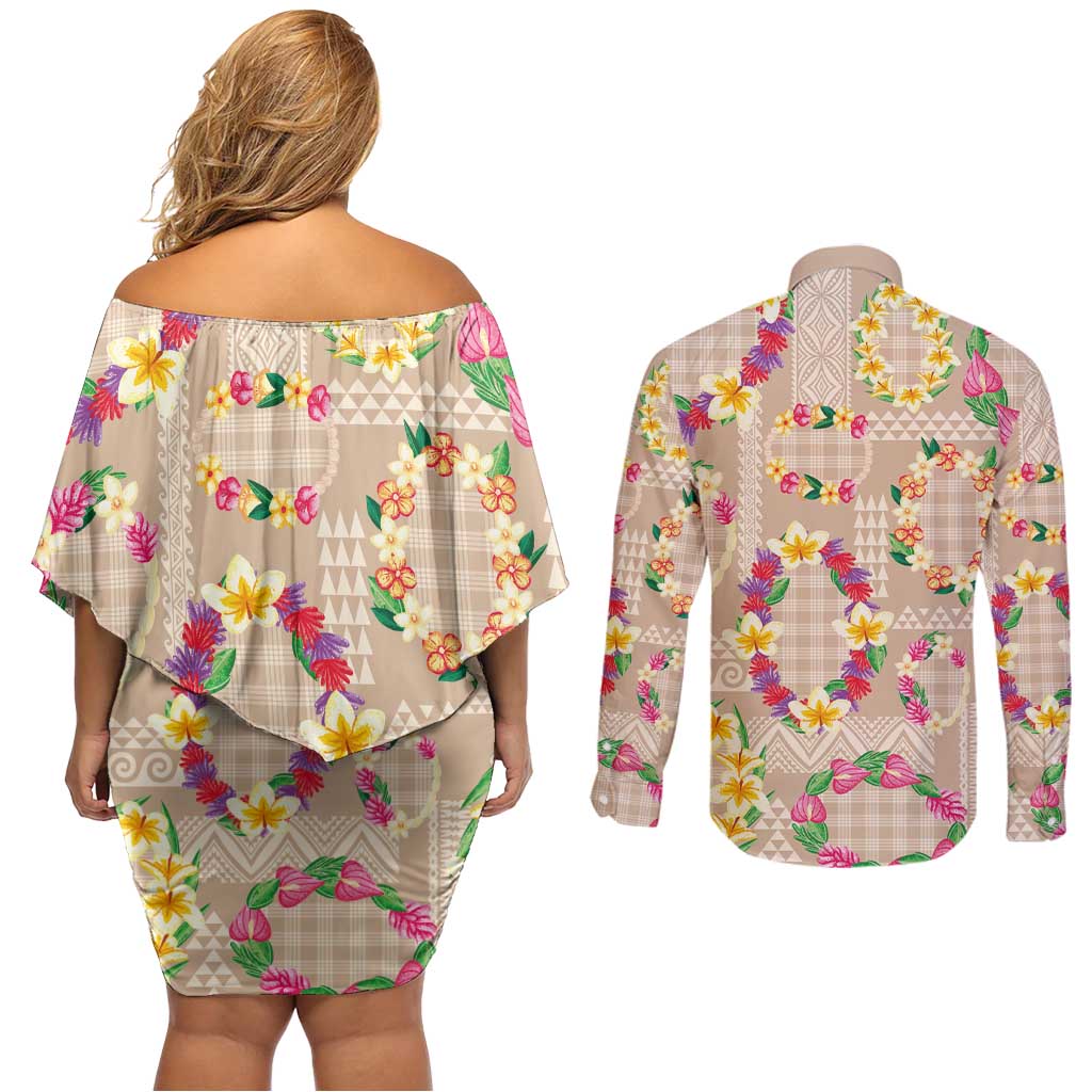 Hawaiian Kakau Tattoo Leis and Palaka Pattern Couples Matching Off Shoulder Short Dress and Long Sleeve Button Shirt Traditional Aloha Tribal Beige Color