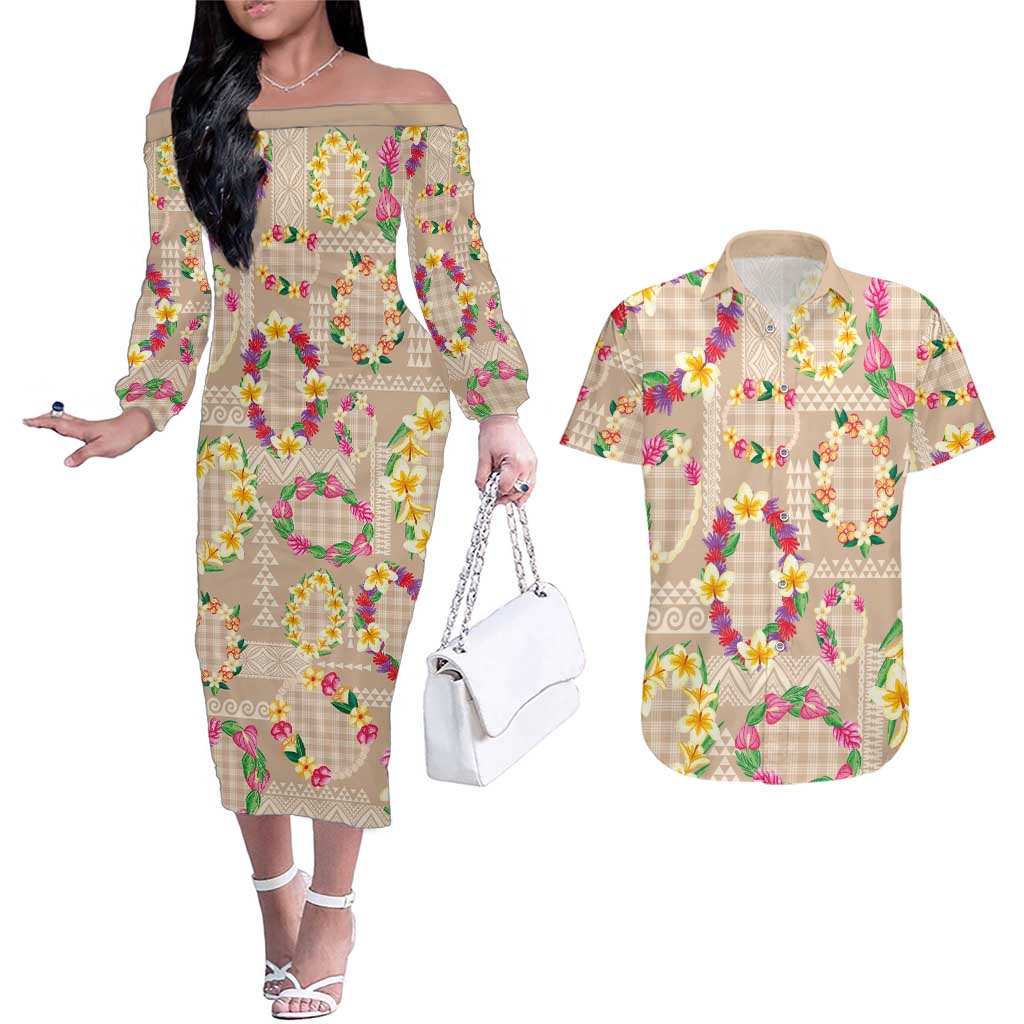 Hawaiian Kakau Tattoo Leis and Palaka Pattern Couples Matching Off The Shoulder Long Sleeve Dress and Hawaiian Shirt Traditional Aloha Tribal Beige Color LT03 Beige - Polynesian Pride