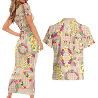 Hawaiian Kakau Tattoo Leis and Palaka Pattern Couples Matching Short Sleeve Bodycon Dress and Hawaiian Shirt Traditional Aloha Tribal Beige Color