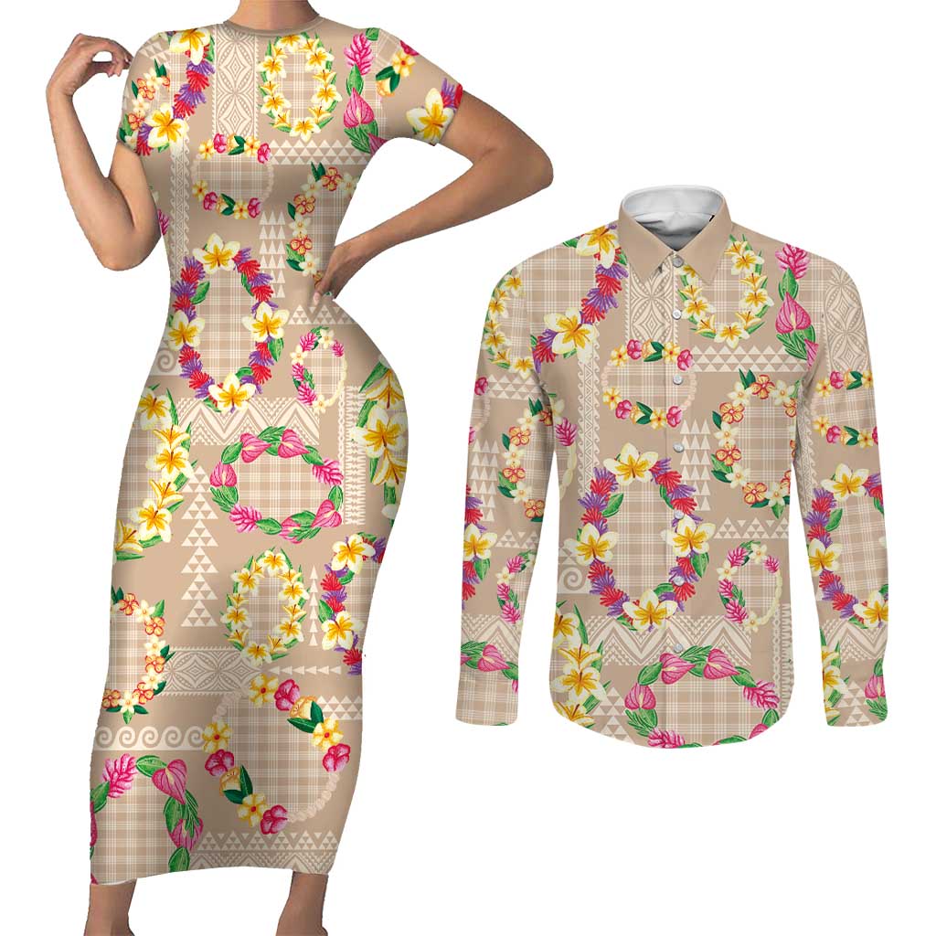 Hawaiian Kakau Tattoo Leis and Palaka Pattern Couples Matching Short Sleeve Bodycon Dress and Long Sleeve Button Shirt Traditional Aloha Tribal Beige Color LT03 Beige - Polynesian Pride