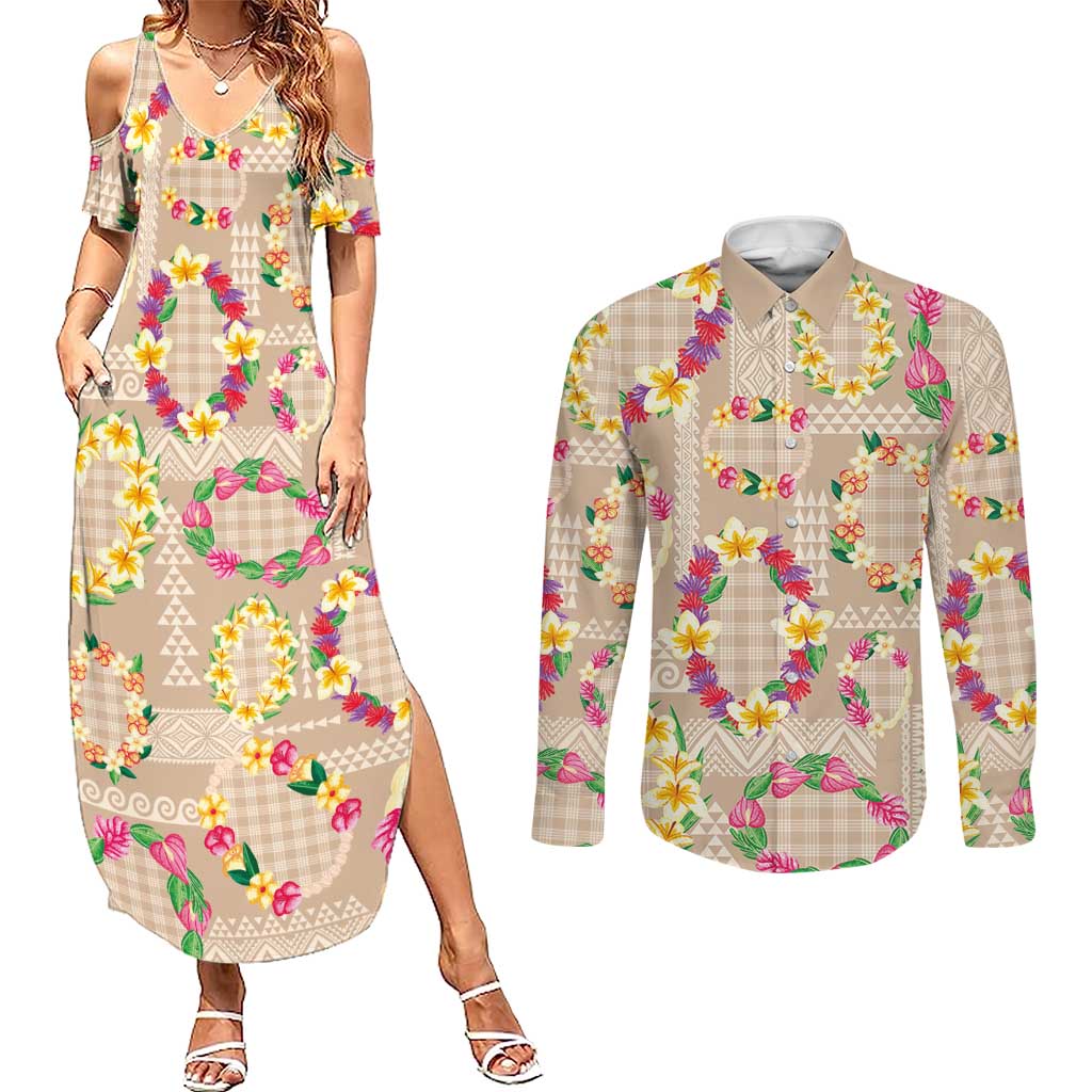 Hawaiian Kakau Tattoo Leis and Palaka Pattern Couples Matching Summer Maxi Dress and Long Sleeve Button Shirt Traditional Aloha Tribal Beige Color LT03 Beige - Polynesian Pride