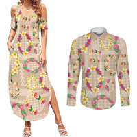 Hawaiian Kakau Tattoo Leis and Palaka Pattern Couples Matching Summer Maxi Dress and Long Sleeve Button Shirt Traditional Aloha Tribal Beige Color