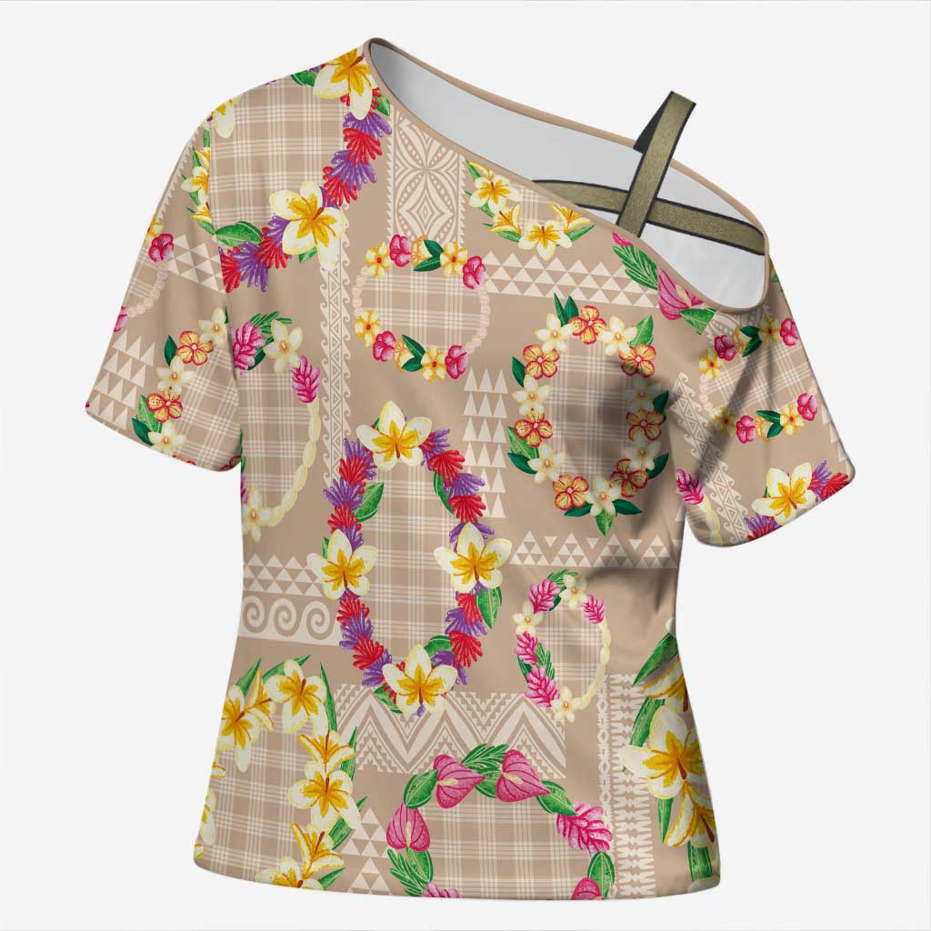 Hawaiian Kakau Tattoo Leis and Palaka Pattern Cross Shoulder Shirt Traditional Aloha Tribal Beige Color LT03 Female Beige - Polynesian Pride
