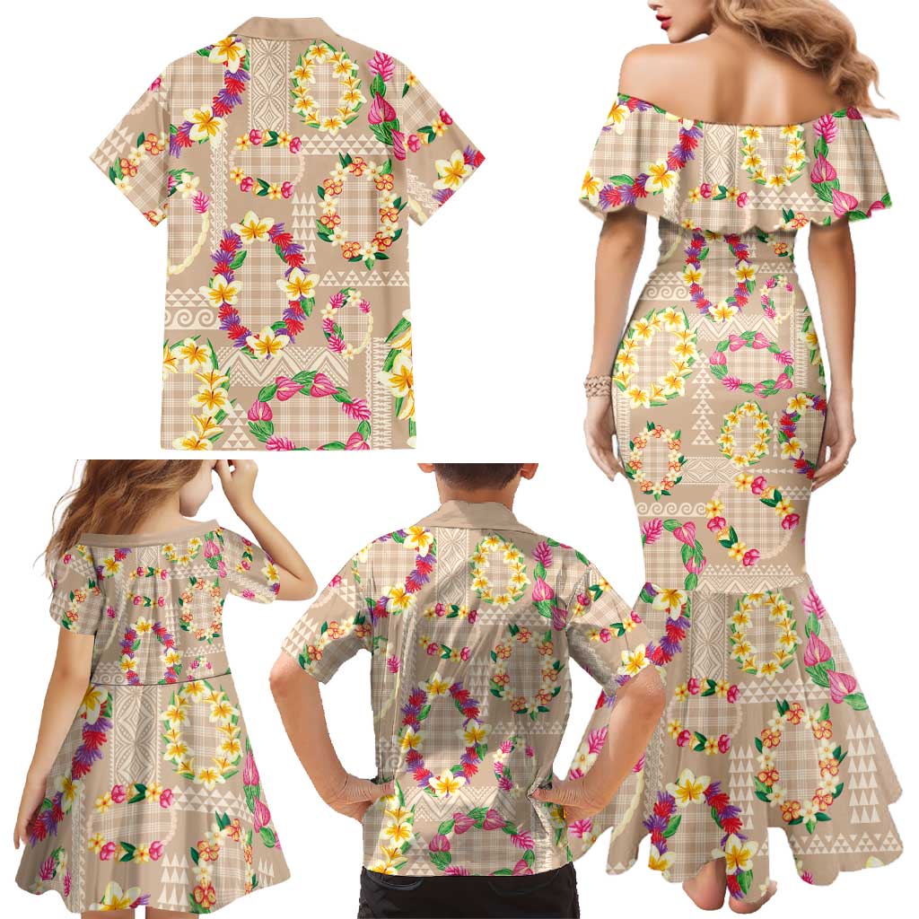 Hawaiian Kakau Tattoo Leis and Palaka Pattern Family Matching Mermaid Dress and Hawaiian Shirt Traditional Aloha Tribal Beige Color