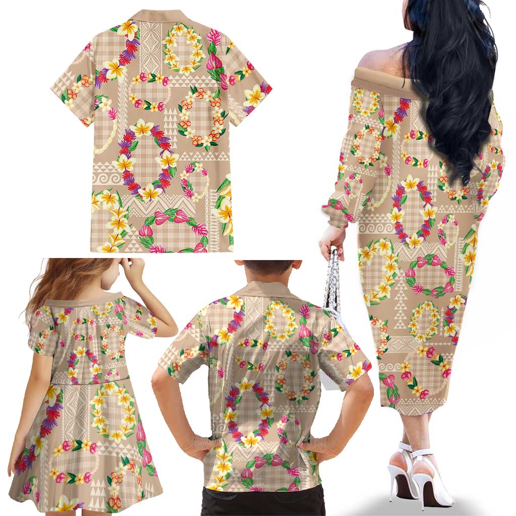 Hawaiian Kakau Tattoo Leis and Palaka Pattern Family Matching Off The Shoulder Long Sleeve Dress and Hawaiian Shirt Traditional Aloha Tribal Beige Color