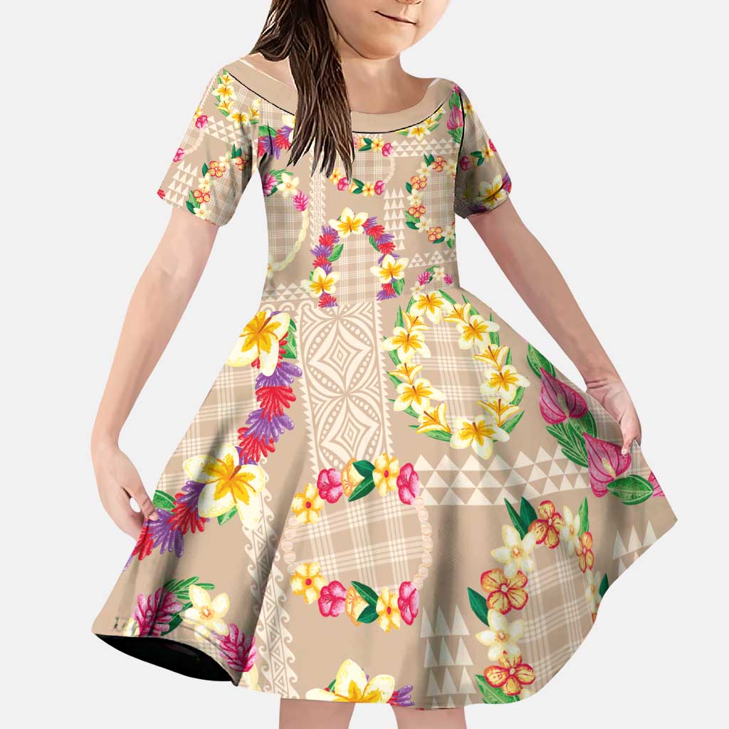 Hawaiian Kakau Tattoo Leis and Palaka Pattern Family Matching Off Shoulder Maxi Dress and Hawaiian Shirt Traditional Aloha Tribal Beige Color