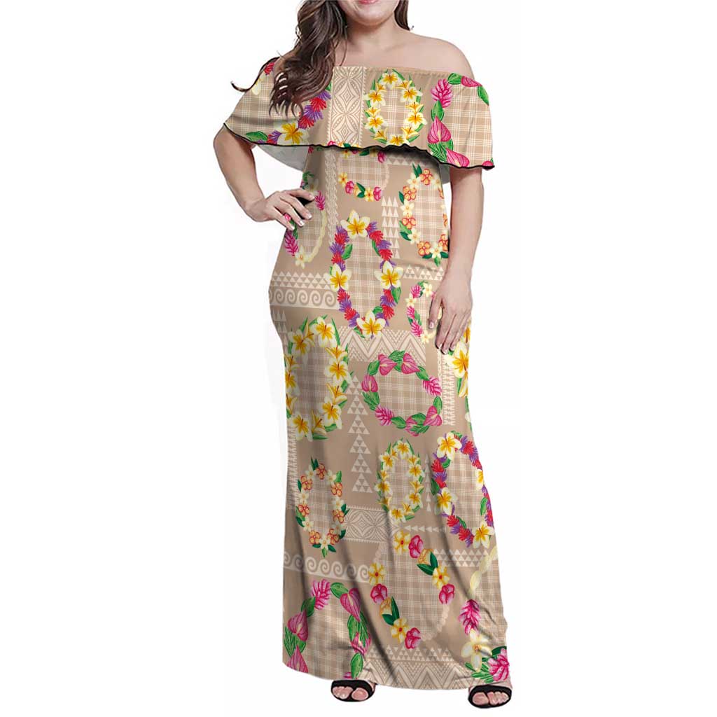 Hawaiian Kakau Tattoo Leis and Palaka Pattern Family Matching Off Shoulder Maxi Dress and Hawaiian Shirt Traditional Aloha Tribal Beige Color