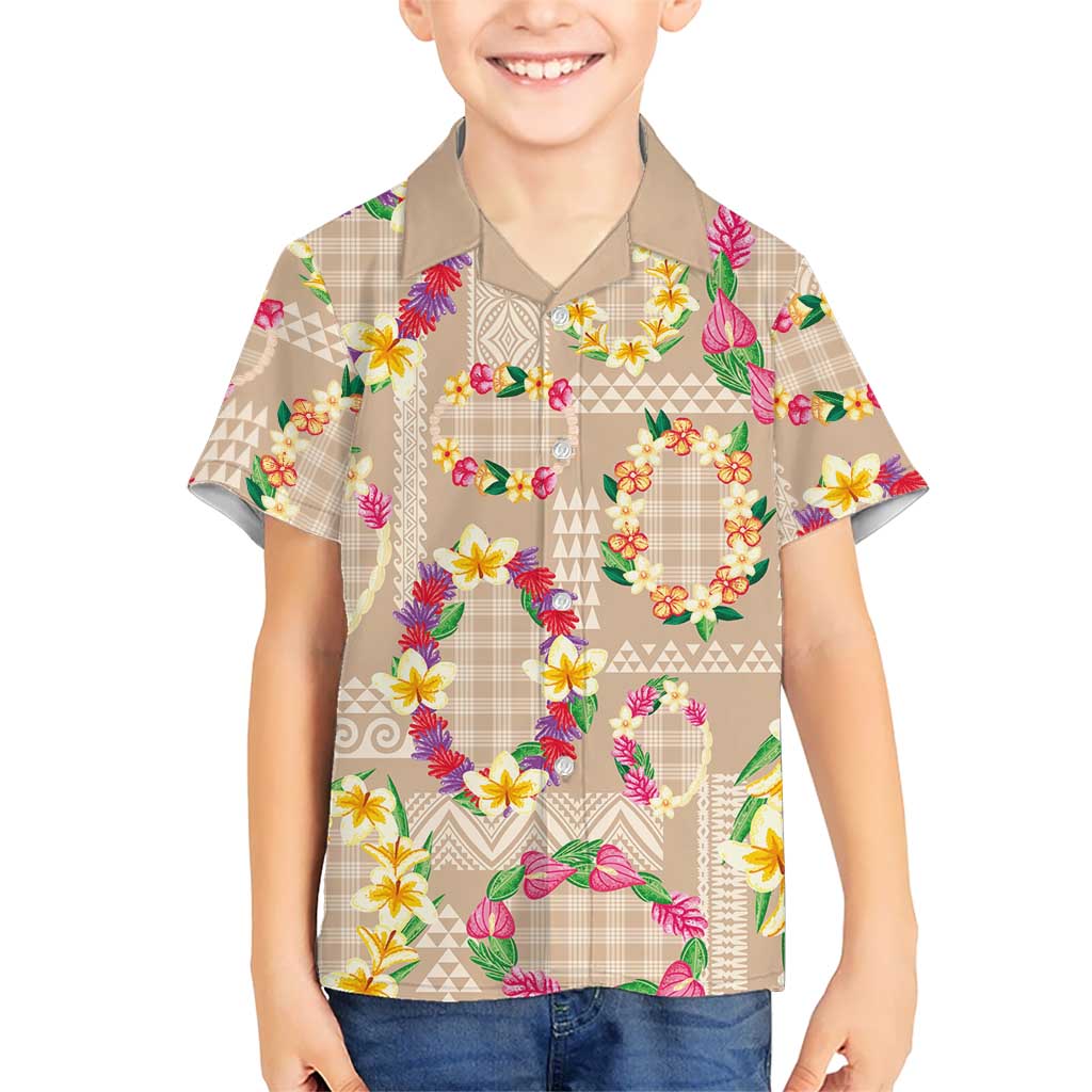 Hawaiian Kakau Tattoo Leis and Palaka Pattern Family Matching Off Shoulder Maxi Dress and Hawaiian Shirt Traditional Aloha Tribal Beige Color