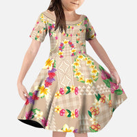 Hawaiian Kakau Tattoo Leis and Palaka Pattern Family Matching Off Shoulder Short Dress and Hawaiian Shirt Traditional Aloha Tribal Beige Color