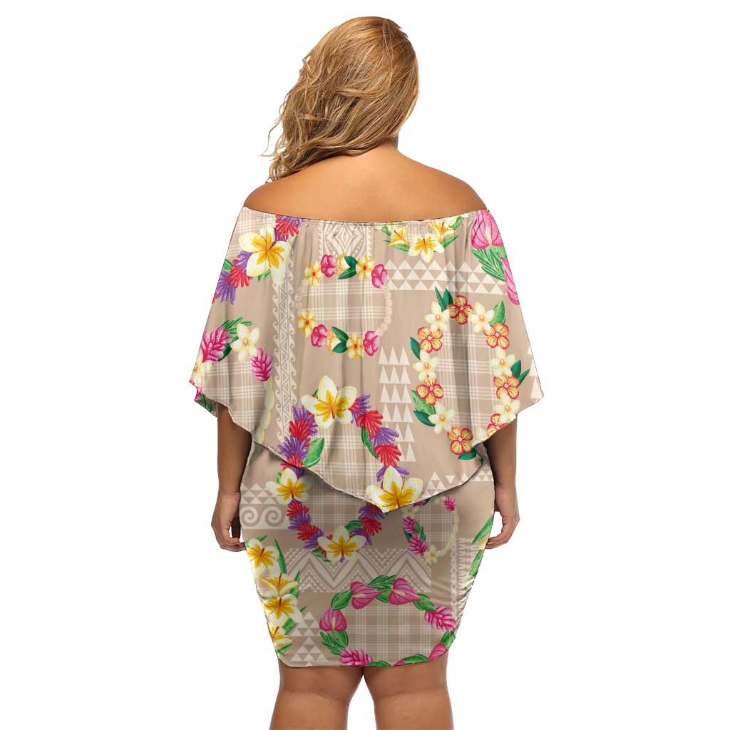 Hawaiian Kakau Tattoo Leis and Palaka Pattern Family Matching Off Shoulder Short Dress and Hawaiian Shirt Traditional Aloha Tribal Beige Color