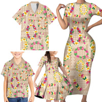Hawaiian Kakau Tattoo Leis and Palaka Pattern Family Matching Short Sleeve Bodycon Dress and Hawaiian Shirt Traditional Aloha Tribal Beige Color