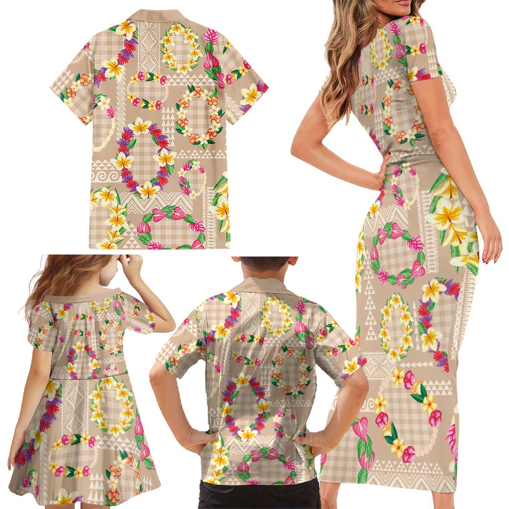 Hawaiian Kakau Tattoo Leis and Palaka Pattern Family Matching Short Sleeve Bodycon Dress and Hawaiian Shirt Traditional Aloha Tribal Beige Color