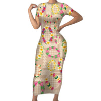 Hawaiian Kakau Tattoo Leis and Palaka Pattern Family Matching Short Sleeve Bodycon Dress and Hawaiian Shirt Traditional Aloha Tribal Beige Color