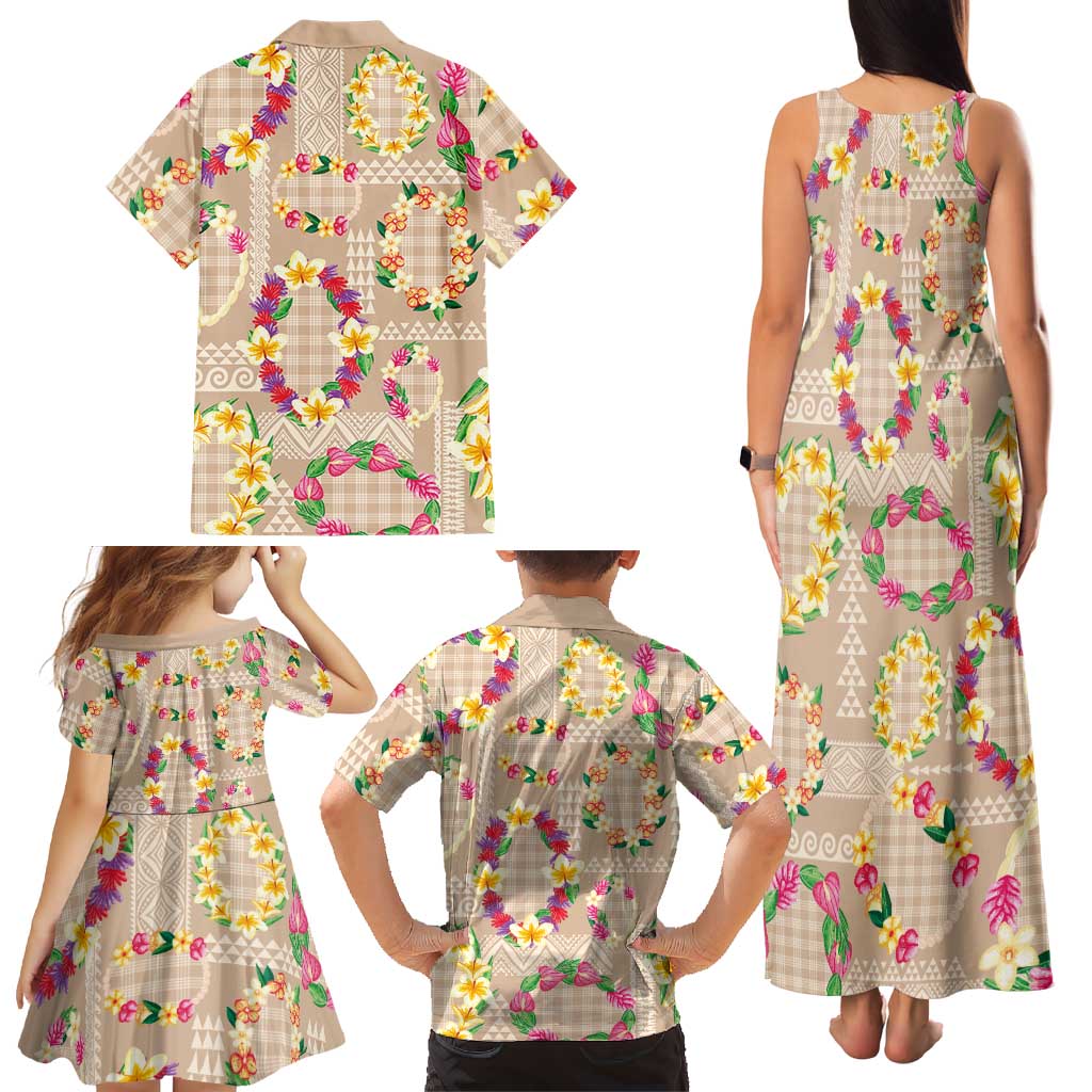 Hawaiian Kakau Tattoo Leis and Palaka Pattern Family Matching Tank Maxi Dress and Hawaiian Shirt Traditional Aloha Tribal Beige Color