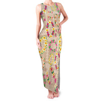 Hawaiian Kakau Tattoo Leis and Palaka Pattern Family Matching Tank Maxi Dress and Hawaiian Shirt Traditional Aloha Tribal Beige Color