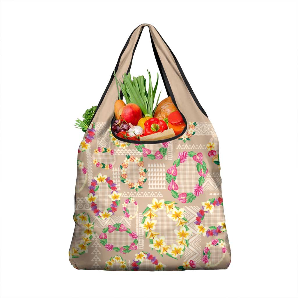 Hawaiian Kakau Tattoo Leis and Palaka Pattern Grocery Bag Traditional Aloha Tribal Beige Color