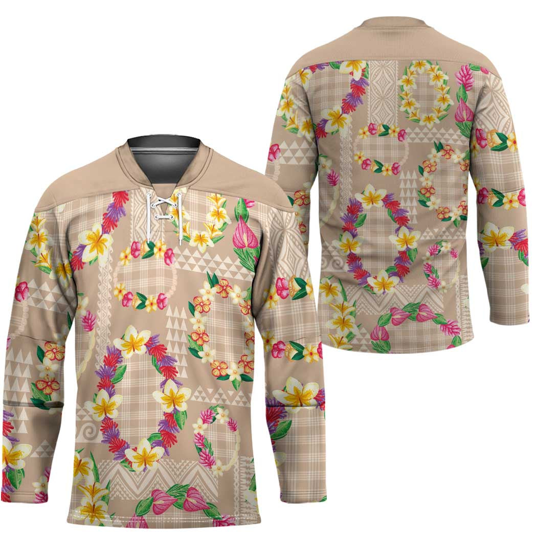 Hawaiian Kakau Tattoo Leis and Palaka Pattern Hockey Jersey Traditional Aloha Tribal Beige Color