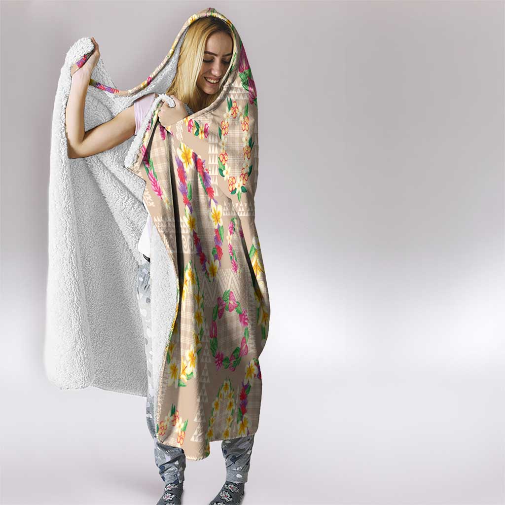 Hawaiian Kakau Tattoo Leis and Palaka Pattern Hooded Blanket Traditional Aloha Tribal Beige Color