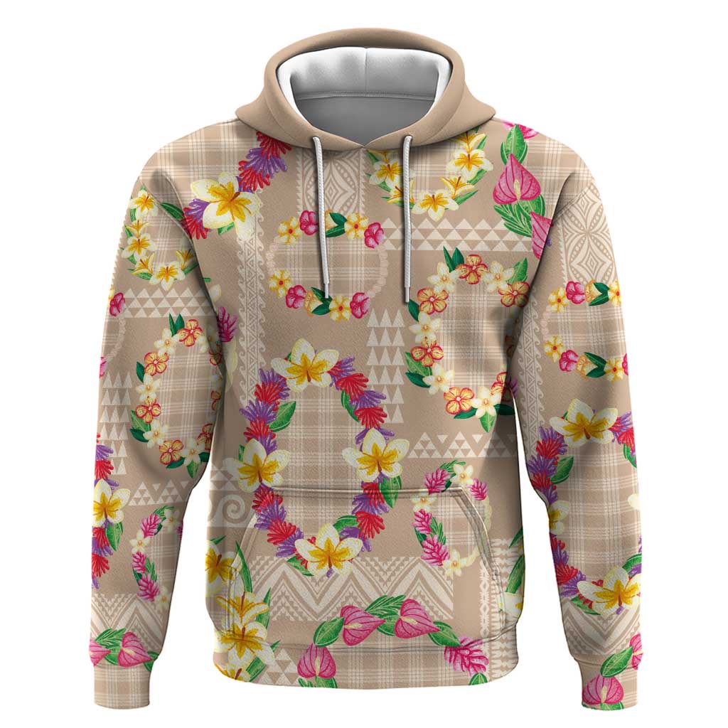 Hawaiian Kakau Tattoo Leis and Palaka Pattern Hoodie Traditional Aloha Tribal Beige Color