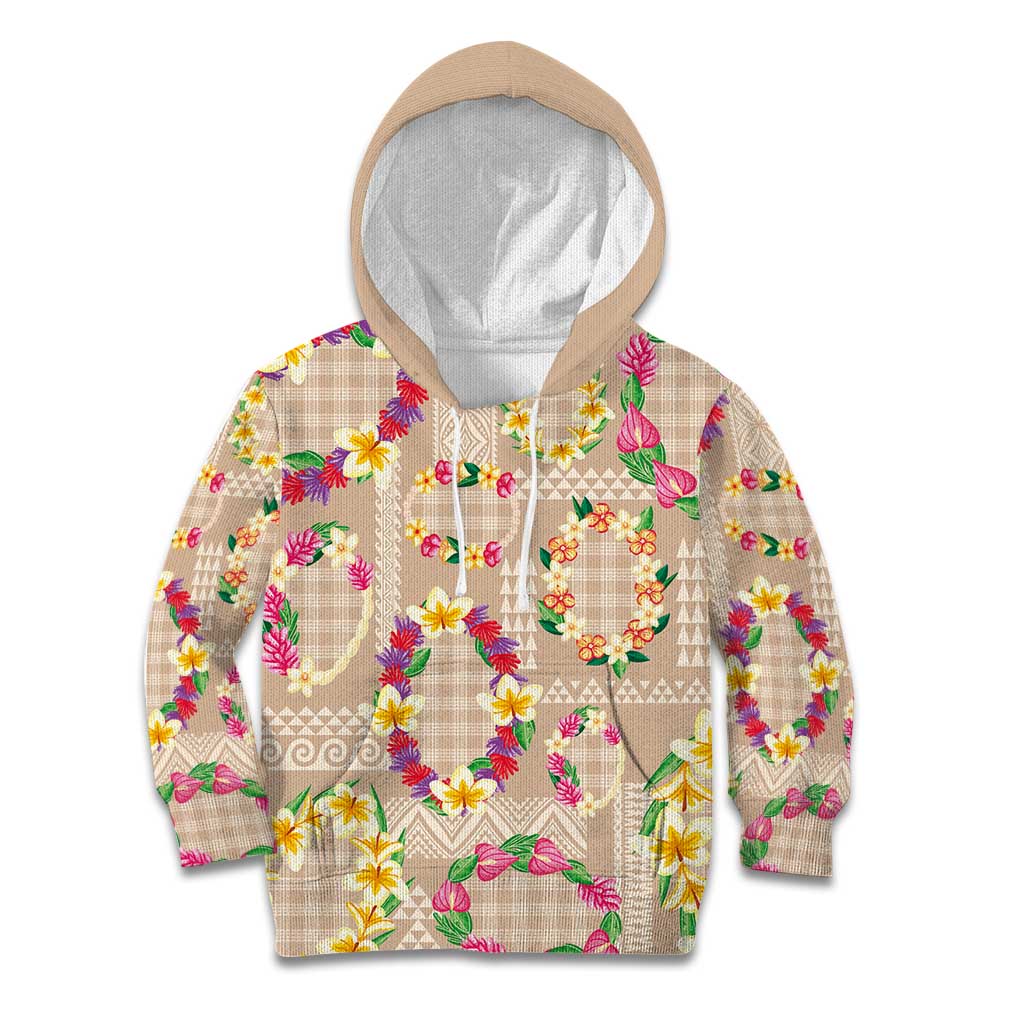 Hawaiian Kakau Tattoo Leis and Palaka Pattern Kid Hoodie Traditional Aloha Tribal Beige Color