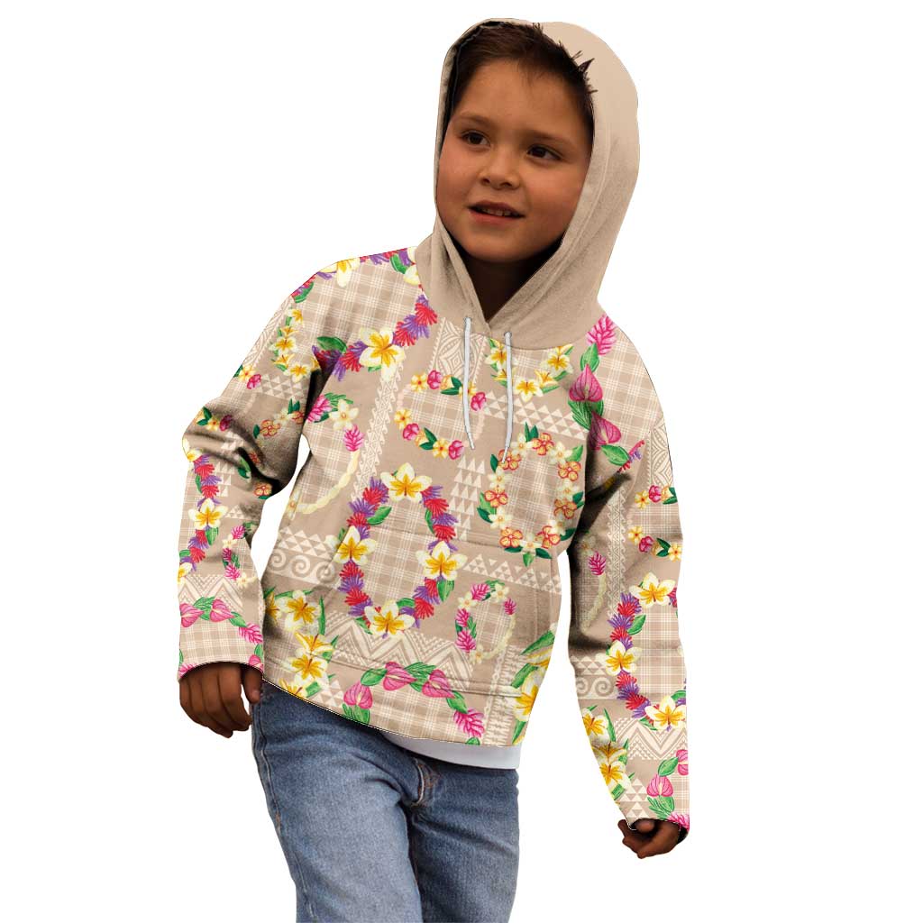 Hawaiian Kakau Tattoo Leis and Palaka Pattern Kid Hoodie Traditional Aloha Tribal Beige Color