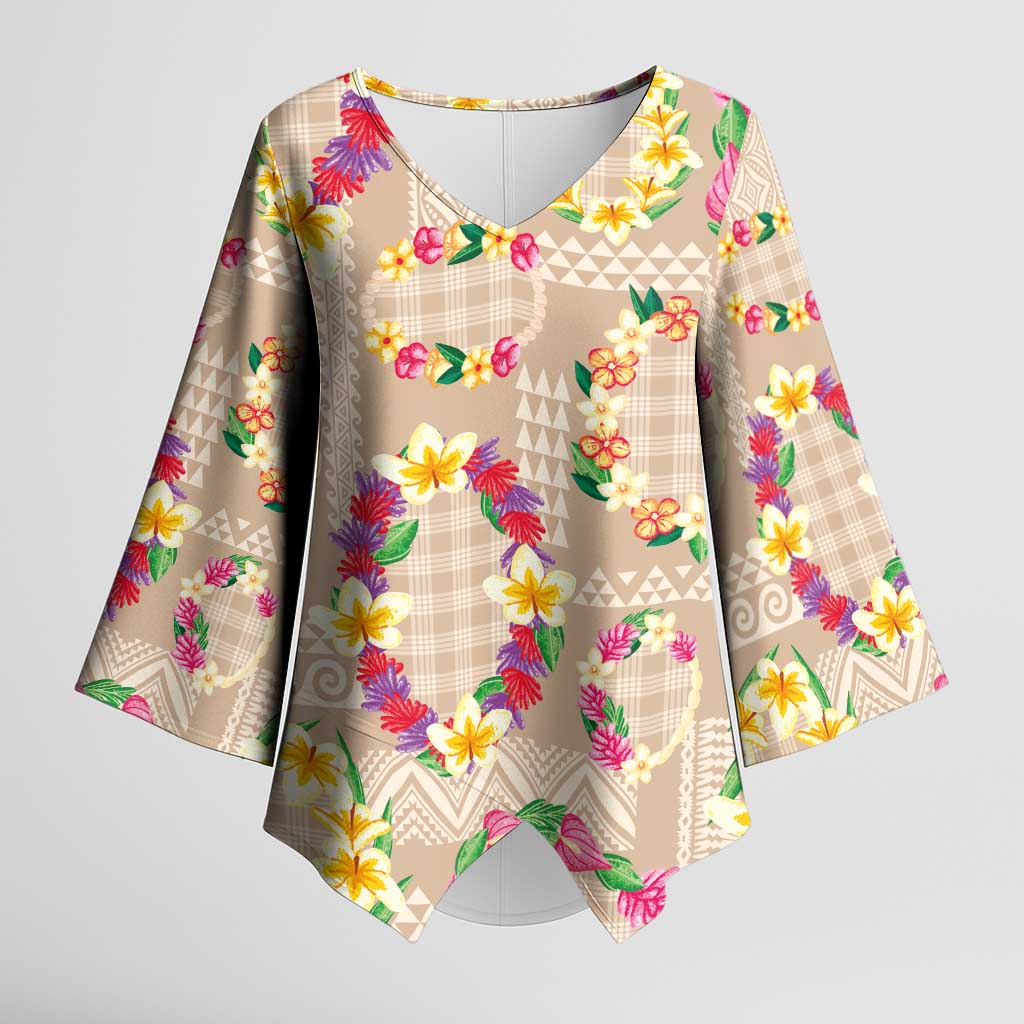 Hawaiian Kakau Tattoo Leis and Palaka Pattern Kimono Sleeve Blouse Traditional Aloha Tribal Beige Color LT03 Female Beige - Polynesian Pride