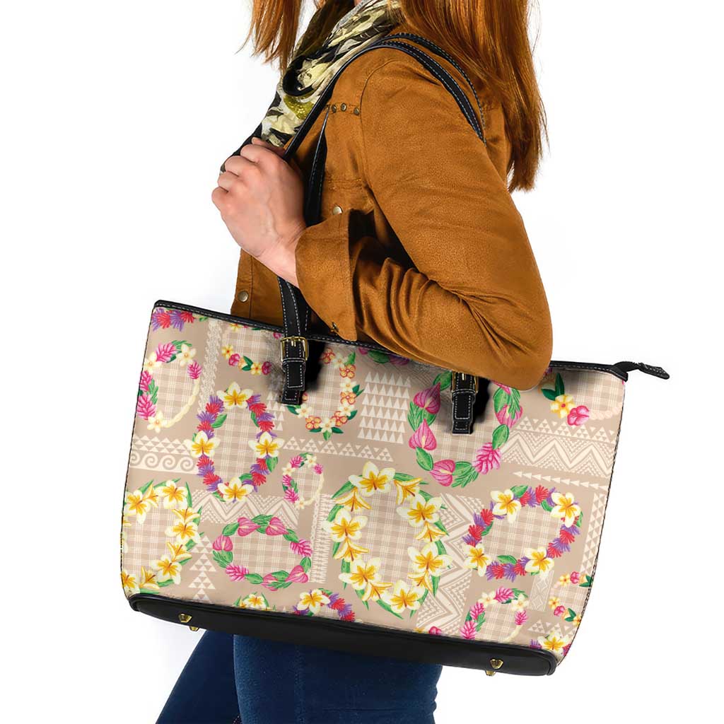 Hawaiian Kakau Tattoo Leis and Palaka Pattern Leather Tote Bag Traditional Aloha Tribal Beige Color