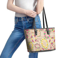 Hawaiian Kakau Tattoo Leis and Palaka Pattern Leather Tote Bag Traditional Aloha Tribal Beige Color