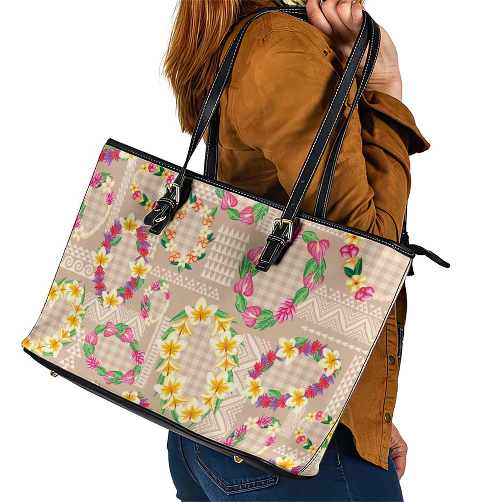 Hawaiian Kakau Tattoo Leis and Palaka Pattern Leather Tote Bag Traditional Aloha Tribal Beige Color