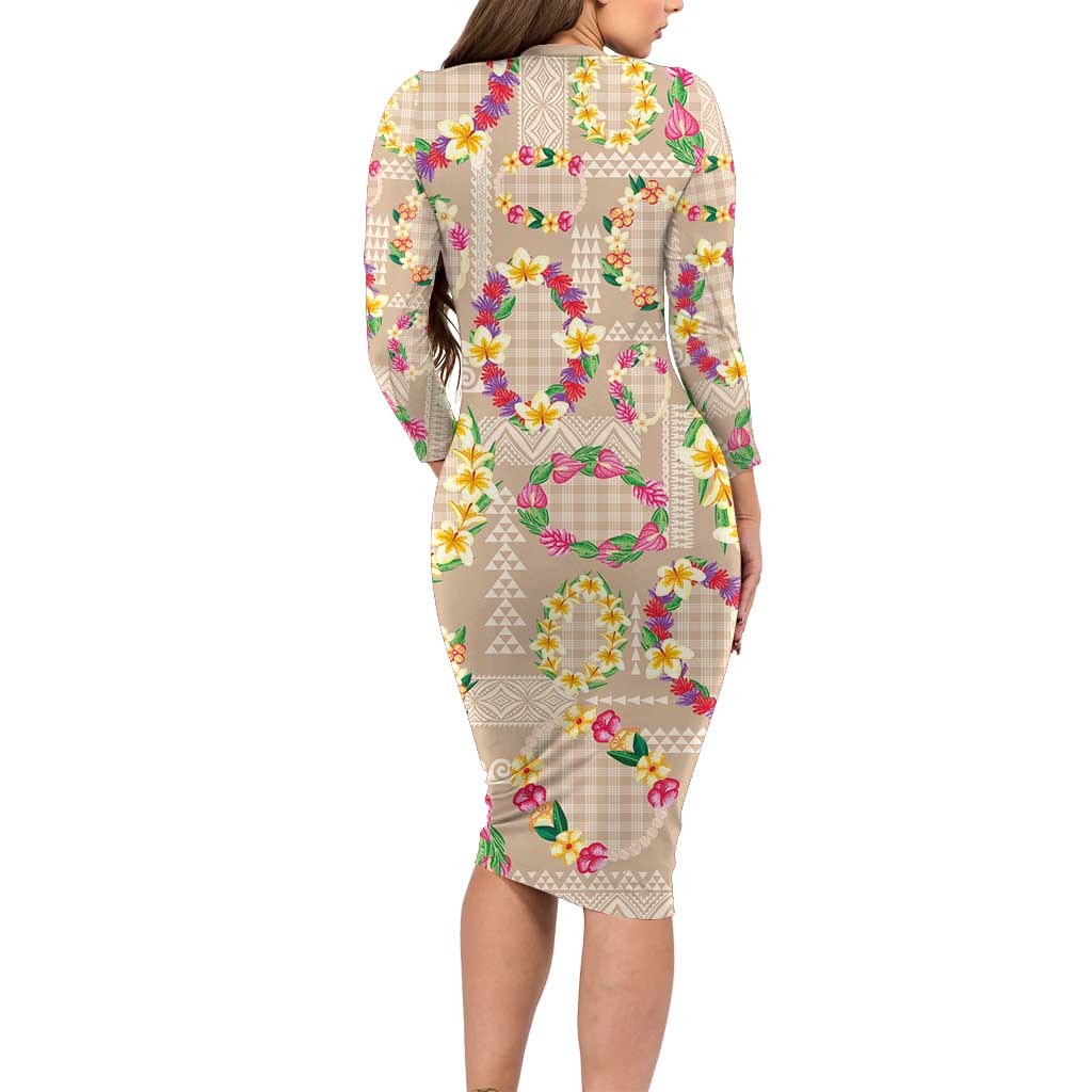 Hawaiian Kakau Tattoo Leis and Palaka Pattern Long Sleeve Bodycon Dress Traditional Aloha Tribal Beige Color