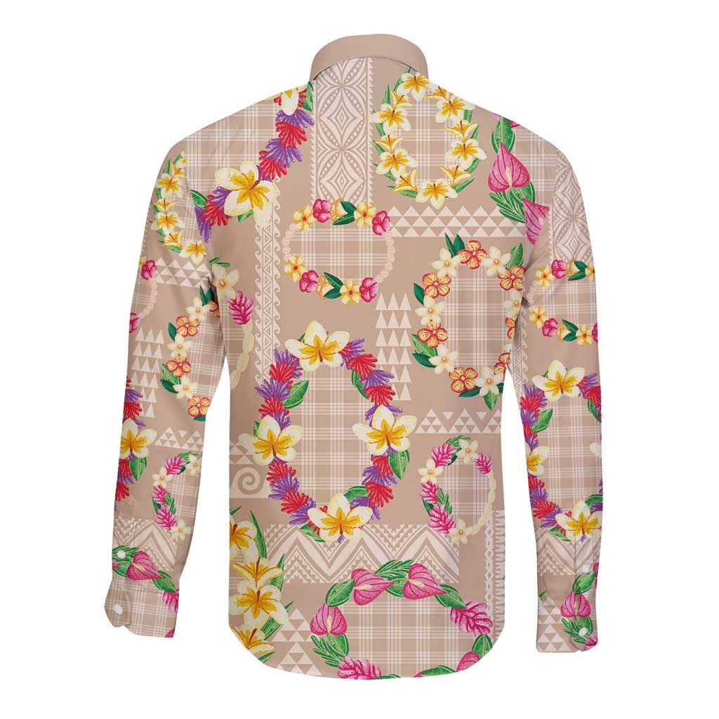 Hawaiian Kakau Tattoo Leis and Palaka Pattern Long Sleeve Button Shirt Traditional Aloha Tribal Beige Color