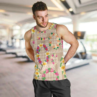 Hawaiian Kakau Tattoo Leis and Palaka Pattern Men Tank Top Traditional Aloha Tribal Beige Color