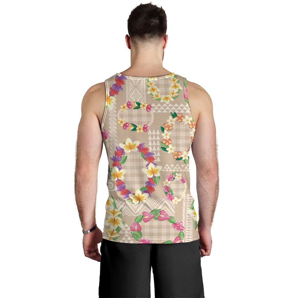Hawaiian Kakau Tattoo Leis and Palaka Pattern Men Tank Top Traditional Aloha Tribal Beige Color