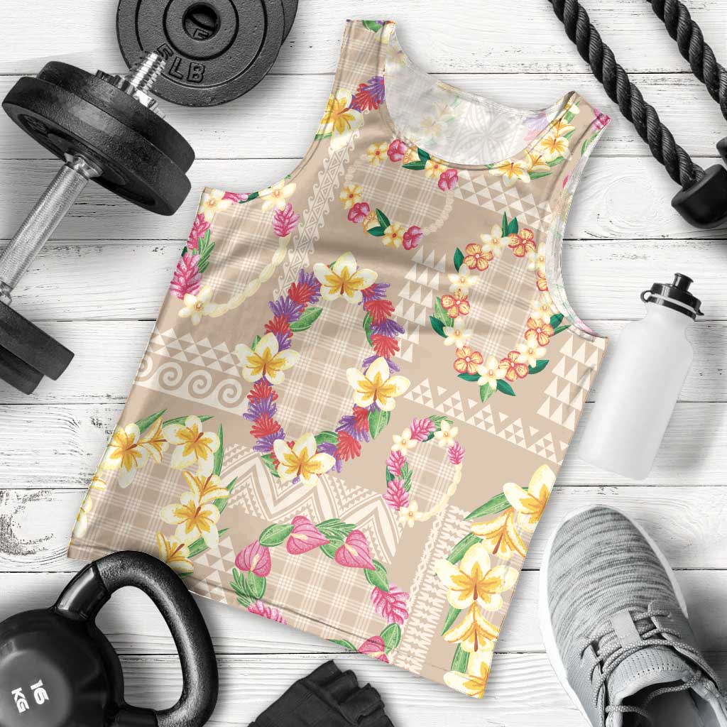 Hawaiian Kakau Tattoo Leis and Palaka Pattern Men Tank Top Traditional Aloha Tribal Beige Color
