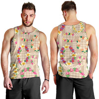 Hawaiian Kakau Tattoo Leis and Palaka Pattern Men Tank Top Traditional Aloha Tribal Beige Color