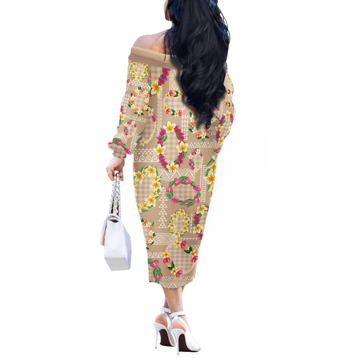 Hawaiian Kakau Tattoo Leis and Palaka Pattern Off The Shoulder Long Sleeve Dress Traditional Aloha Tribal Beige Color