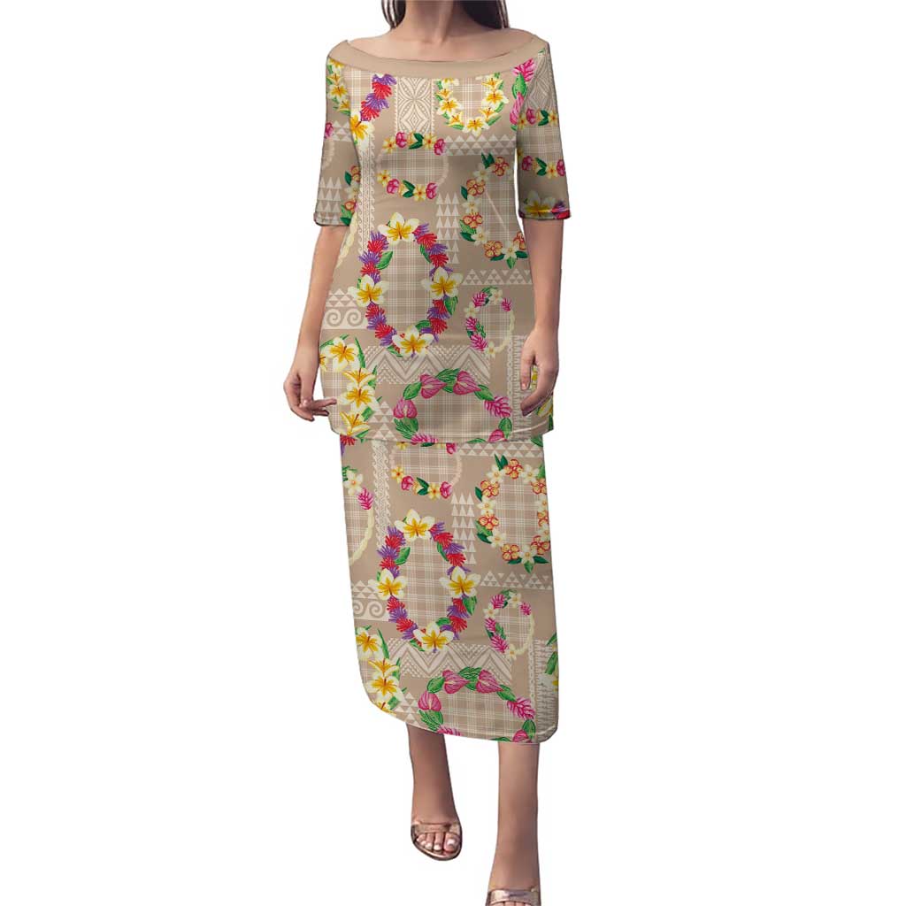Hawaiian Kakau Tattoo Leis and Palaka Pattern Puletasi Traditional Aloha Tribal Beige Color LT03 Long Dress Beige - Polynesian Pride