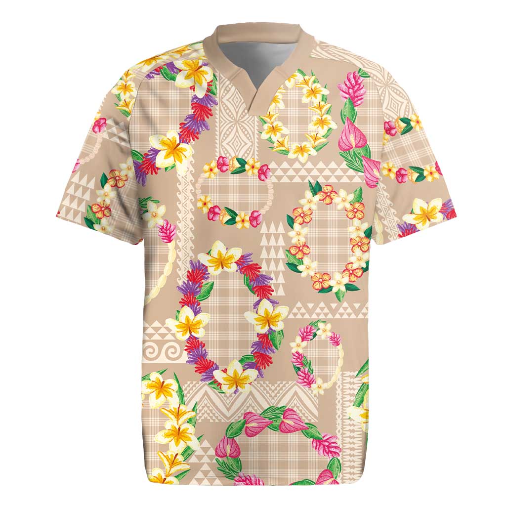 Hawaiian Kakau Tattoo Leis and Palaka Pattern Rugby Jersey Traditional Aloha Tribal Beige Color LT03 Beige - Polynesian Pride