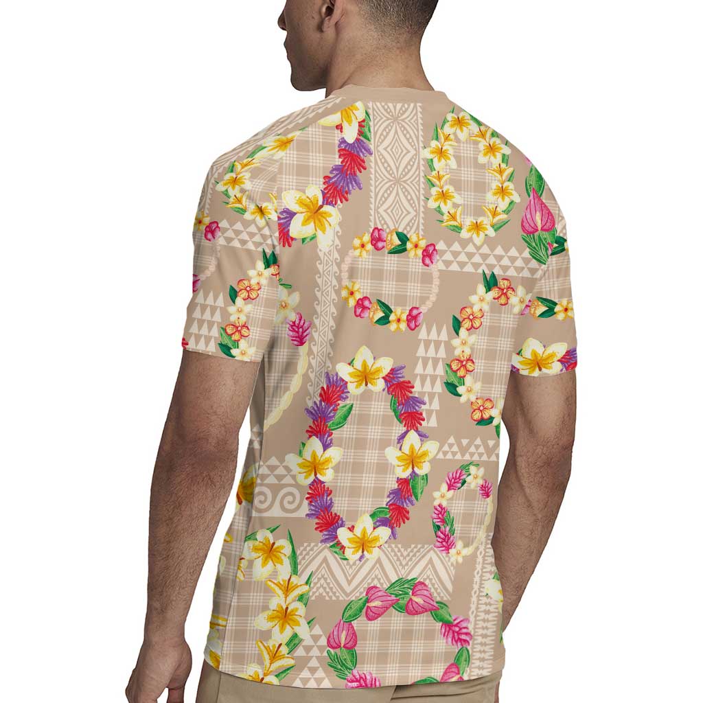 Hawaiian Kakau Tattoo Leis and Palaka Pattern Rugby Jersey Traditional Aloha Tribal Beige Color