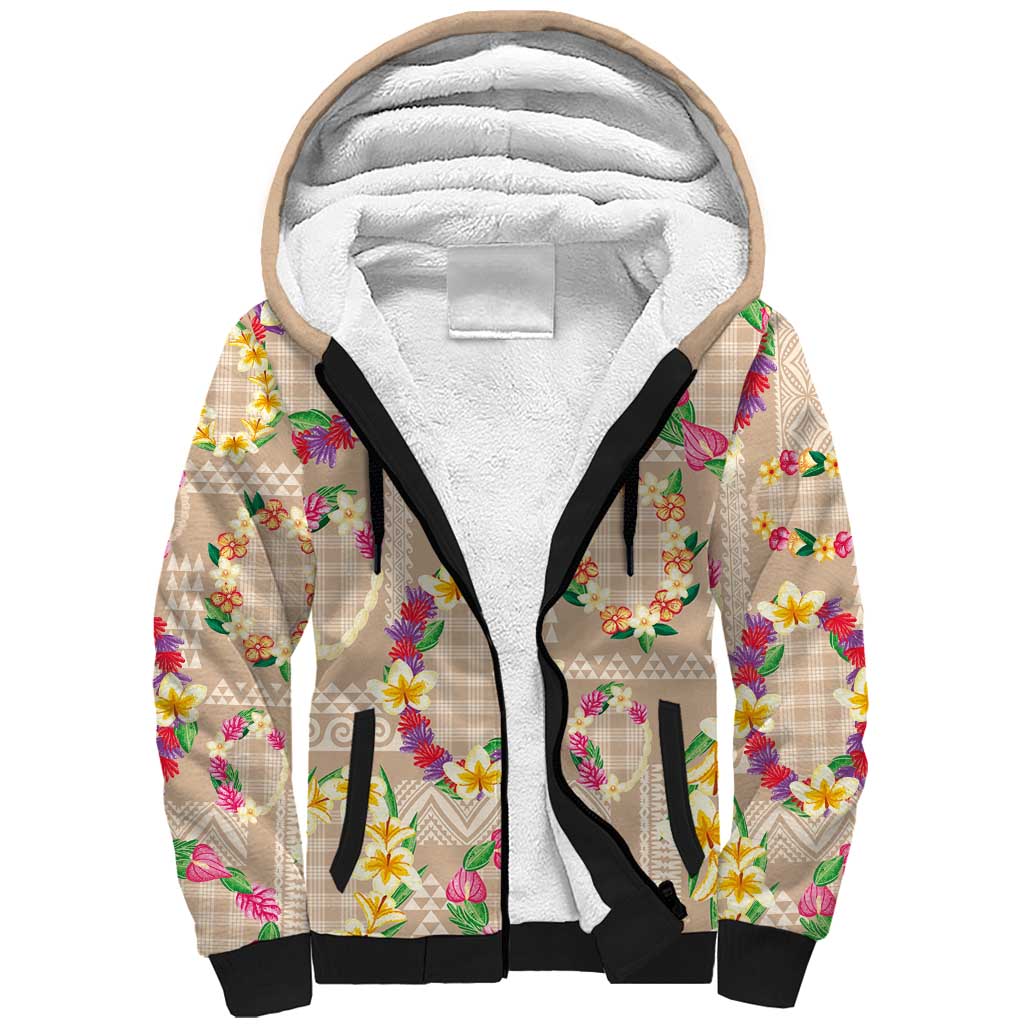 Hawaiian Kakau Tattoo Leis and Palaka Pattern Sherpa Hoodie Traditional Aloha Tribal Beige Color