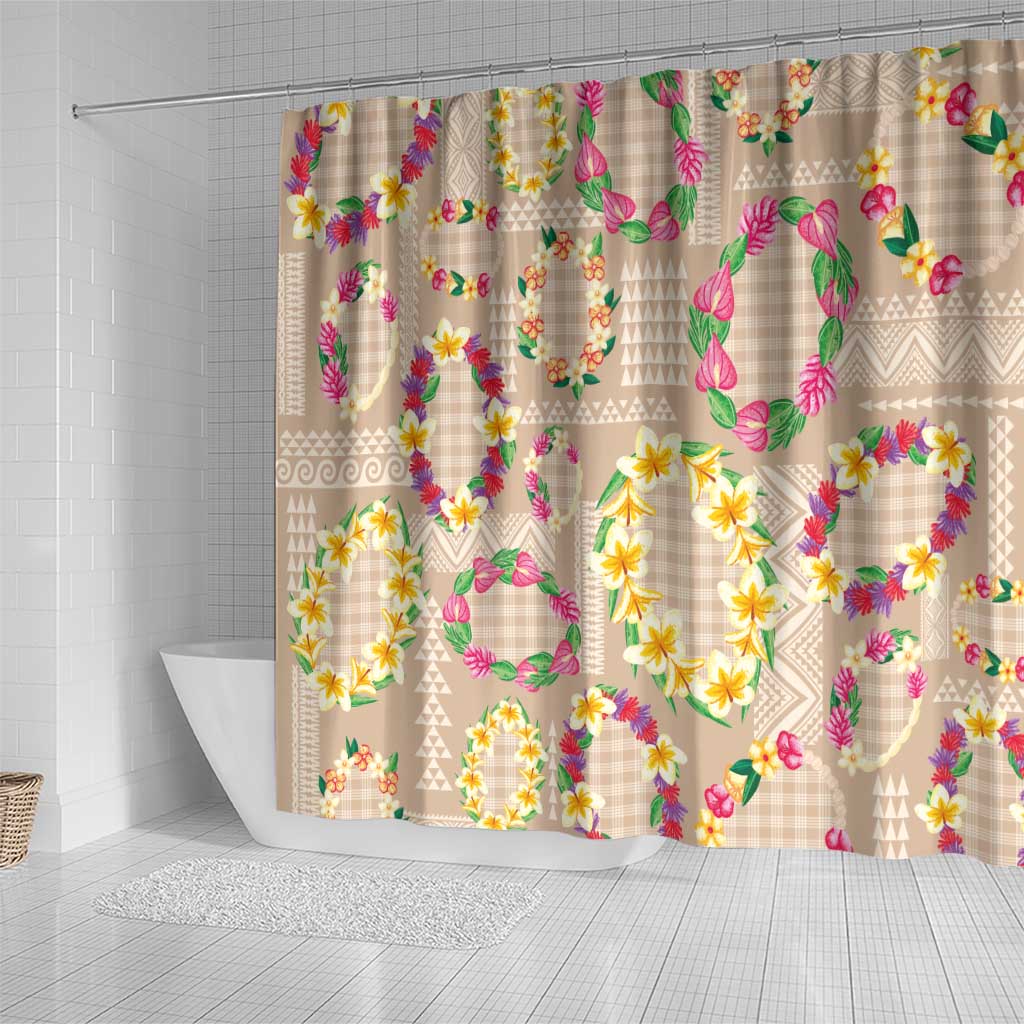 Hawaiian Kakau Tattoo Leis and Palaka Pattern Shower Curtain Traditional Aloha Tribal Beige Color