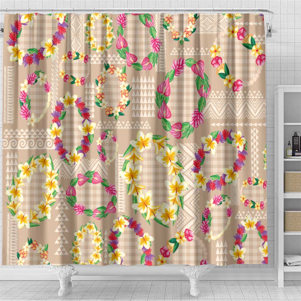 Hawaiian Kakau Tattoo Leis and Palaka Pattern Shower Curtain Traditional Aloha Tribal Beige Color
