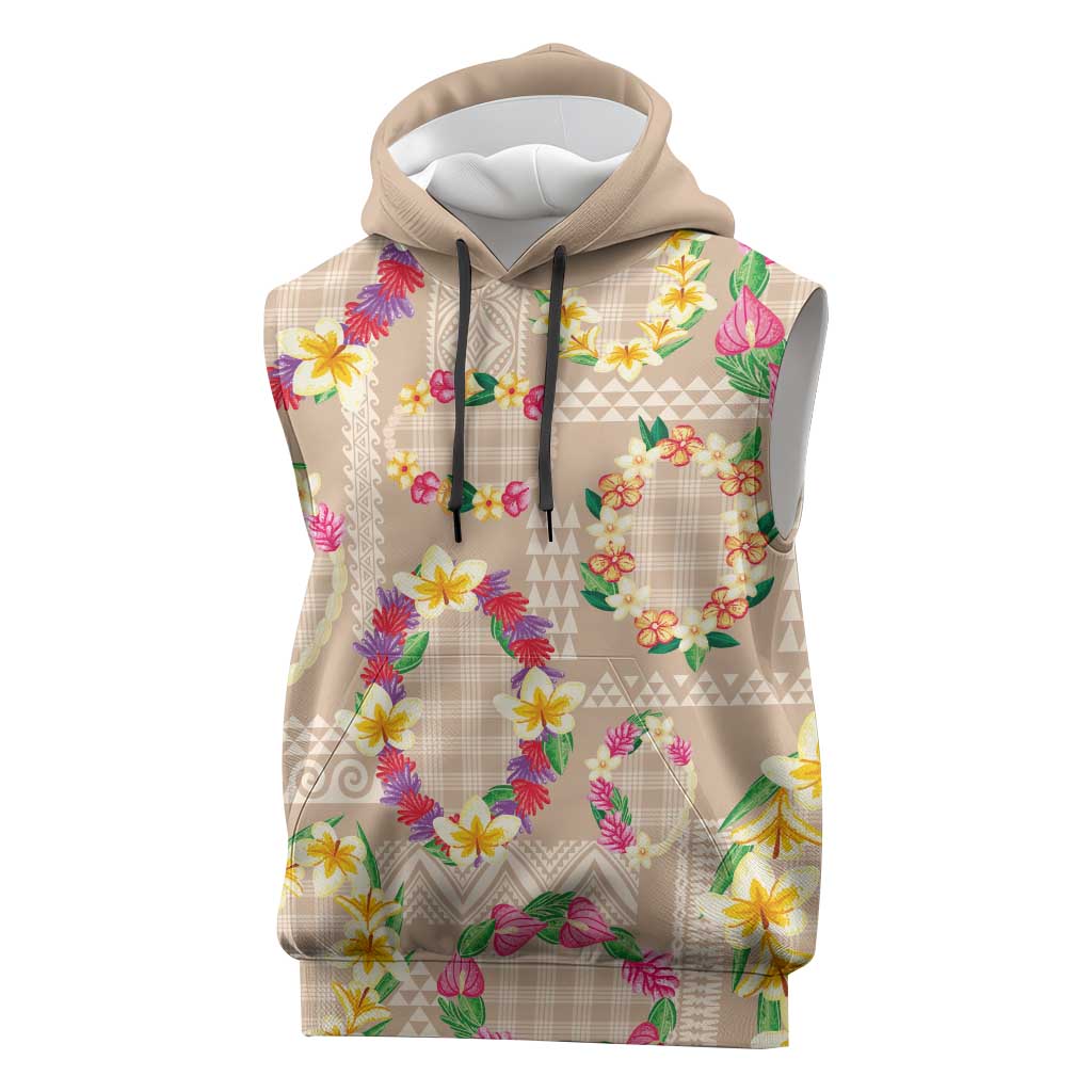 Hawaiian Kakau Tattoo Leis and Palaka Pattern Sleeveless Hoodie Traditional Aloha Tribal Beige Color LT03 Beige - Polynesian Pride