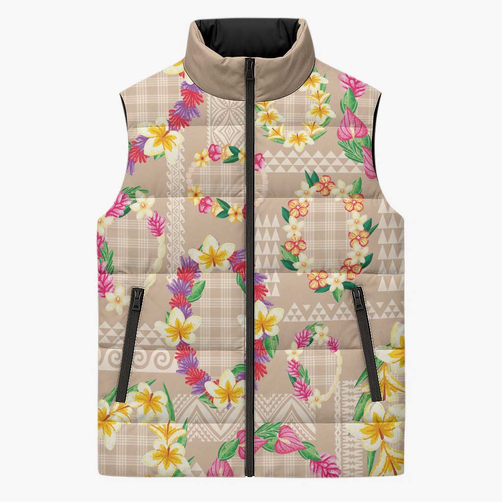 Hawaiian Kakau Tattoo Leis and Palaka Pattern Sleeveless Puffer Jacket Traditional Aloha Tribal Beige Color LT03 Unisex Beige - Polynesian Pride