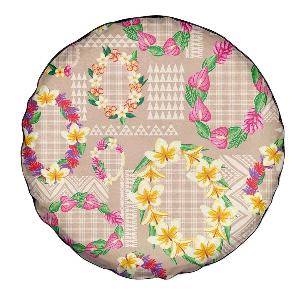 Hawaiian Kakau Tattoo Leis and Palaka Pattern Spare Tire Cover Traditional Aloha Tribal Beige Color