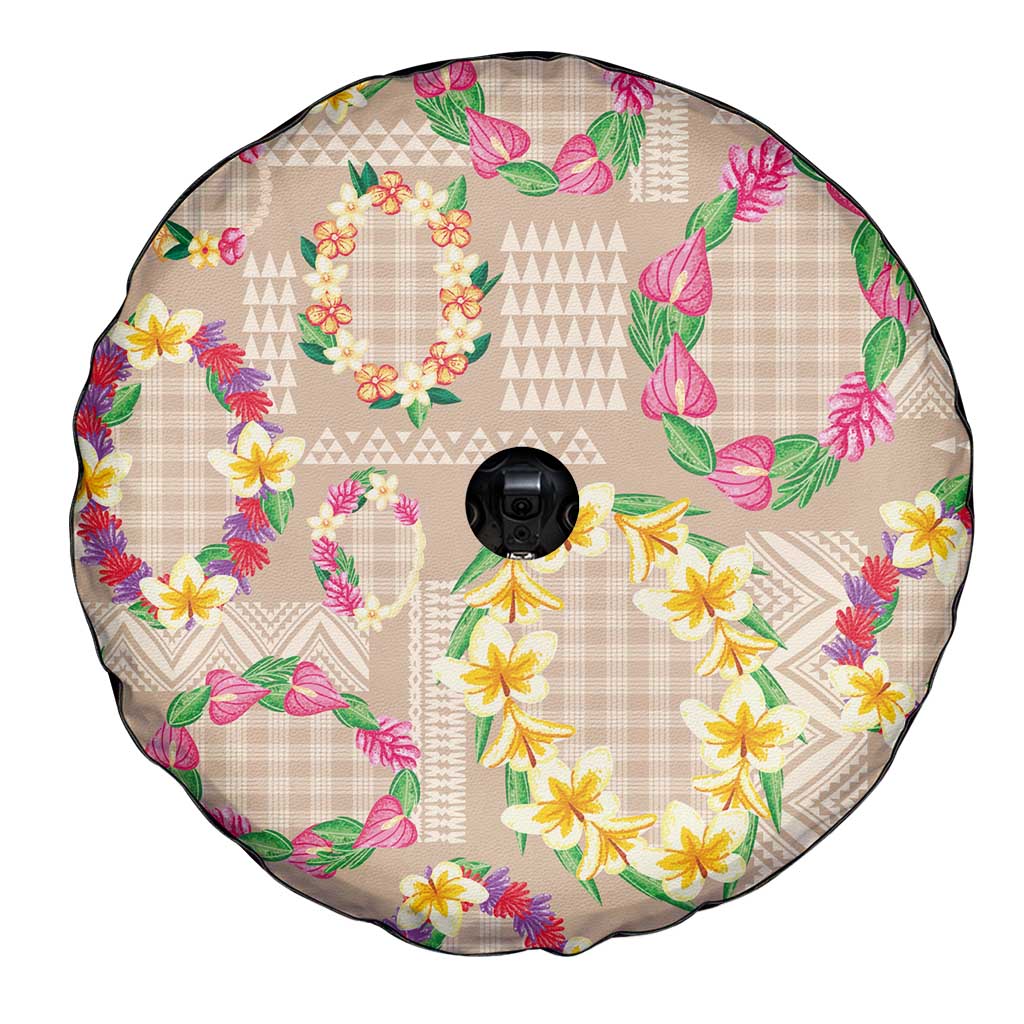 Hawaiian Kakau Tattoo Leis and Palaka Pattern Spare Tire Cover Traditional Aloha Tribal Beige Color