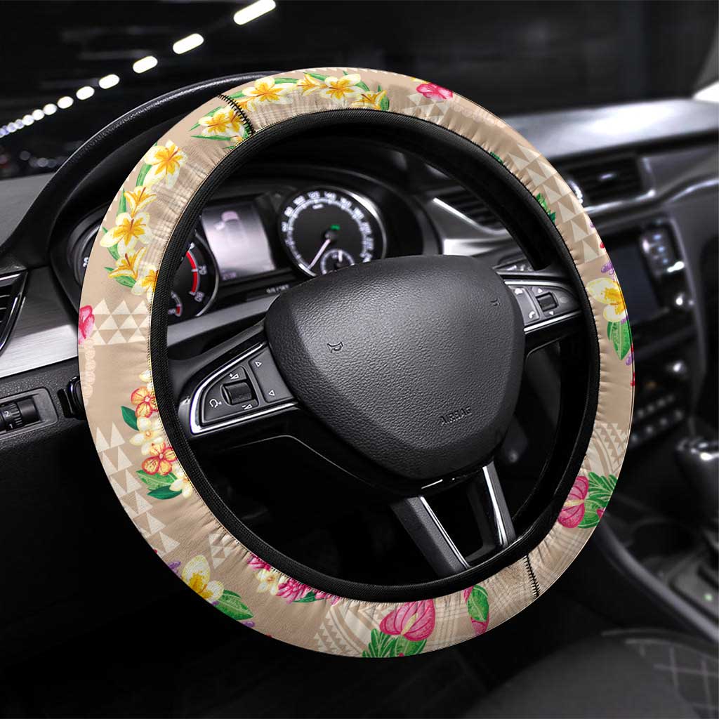 Hawaiian Kakau Tattoo Leis and Palaka Pattern Steering Wheel Cover Traditional Aloha Tribal Beige Color